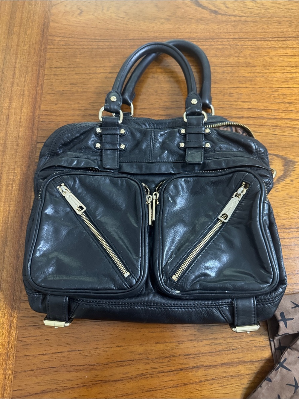 Rebecca Minkoff Black Leather Tote with Dual Front Zip Pockets